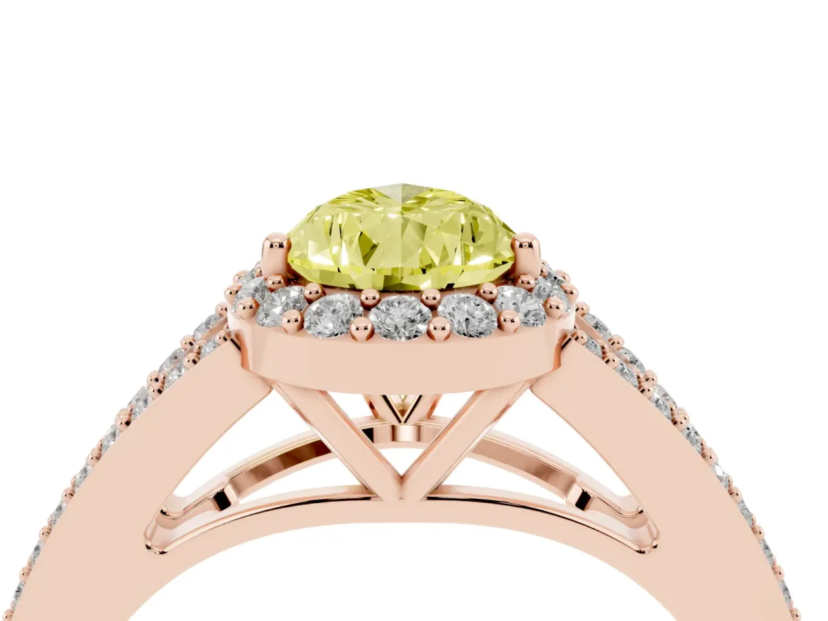 Fancy Yellow Pear Cut Halo Split Shank Diamond Ring with Prong Setting Rose gold