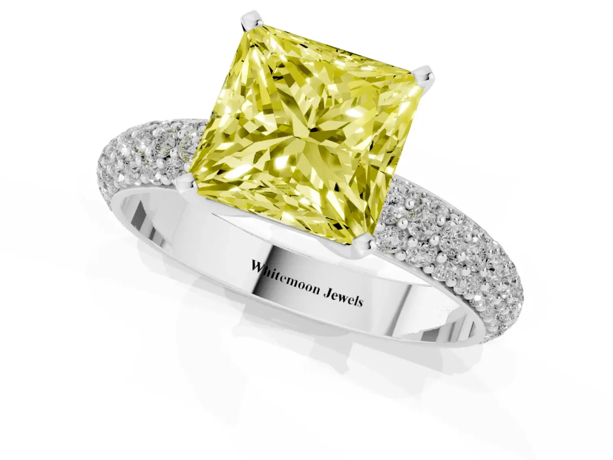 Fancy Yellow Princess Cut Diamond Solitaire Ring with Prong Setting and Pavé Band Silver