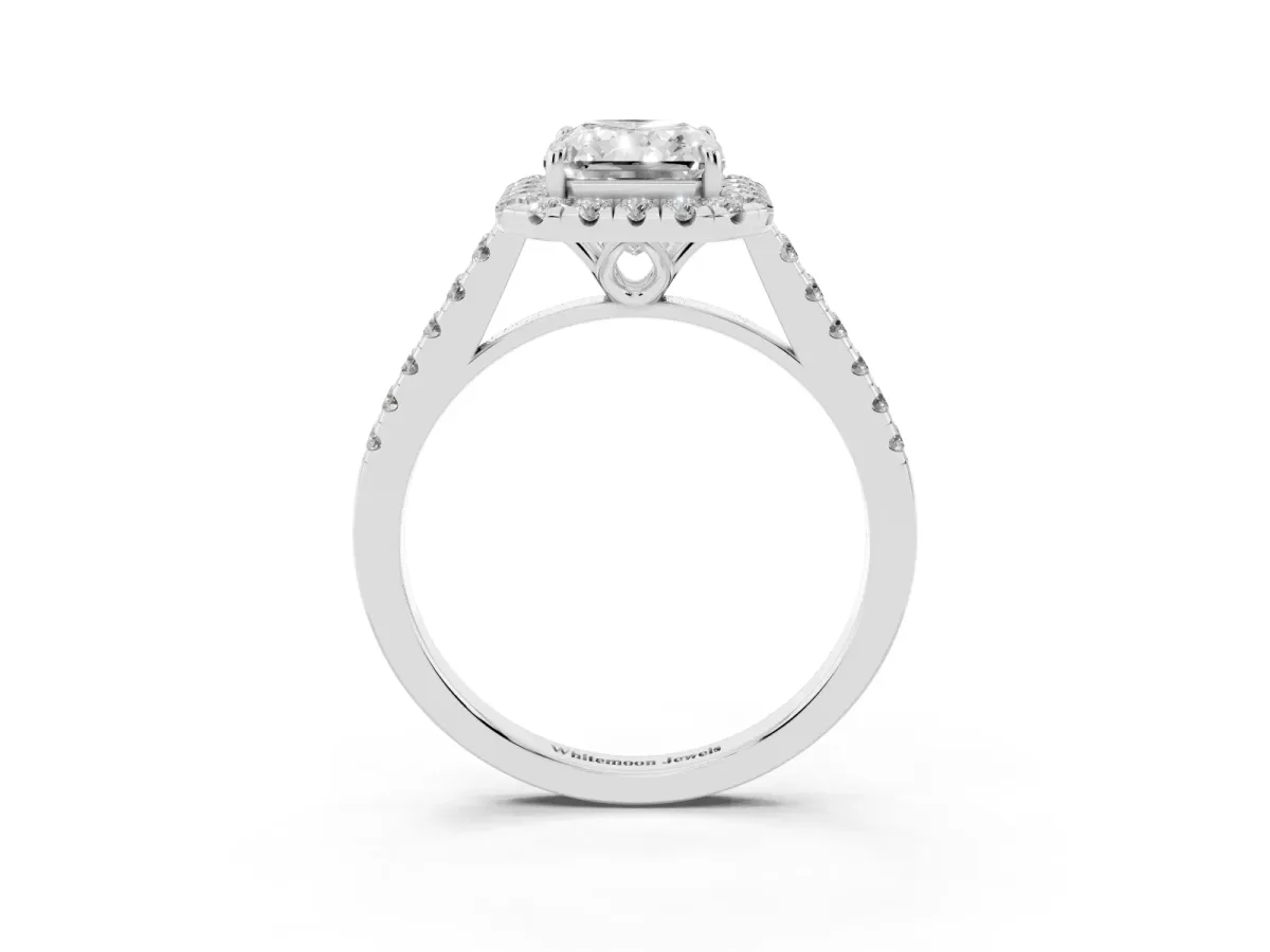 Radiant Cut Halo Pavé Diamond Engagement Ring with Four-Prong Setting Silver