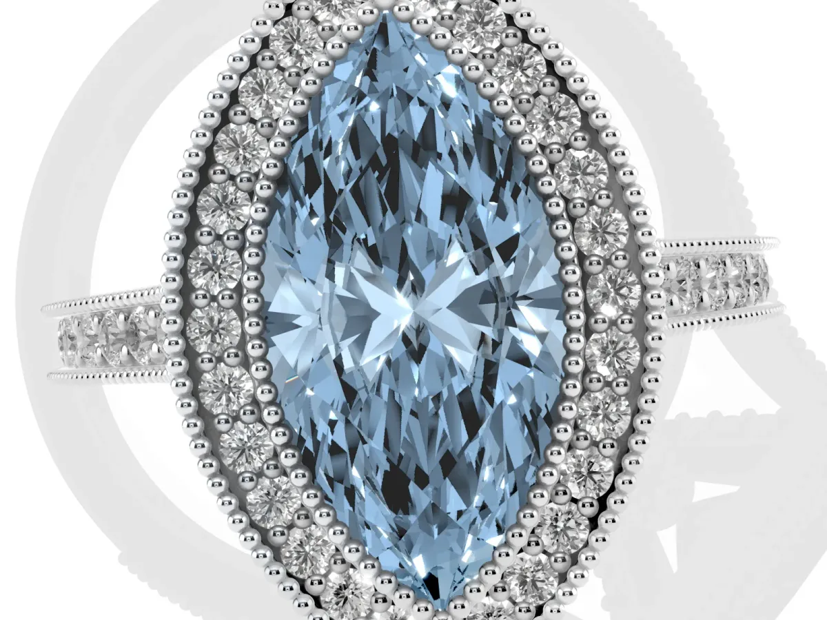 Fancy Blue Halo Marquise Cut-Cut Diamond Pave Band Milgrain Prong Setting Ring Silver