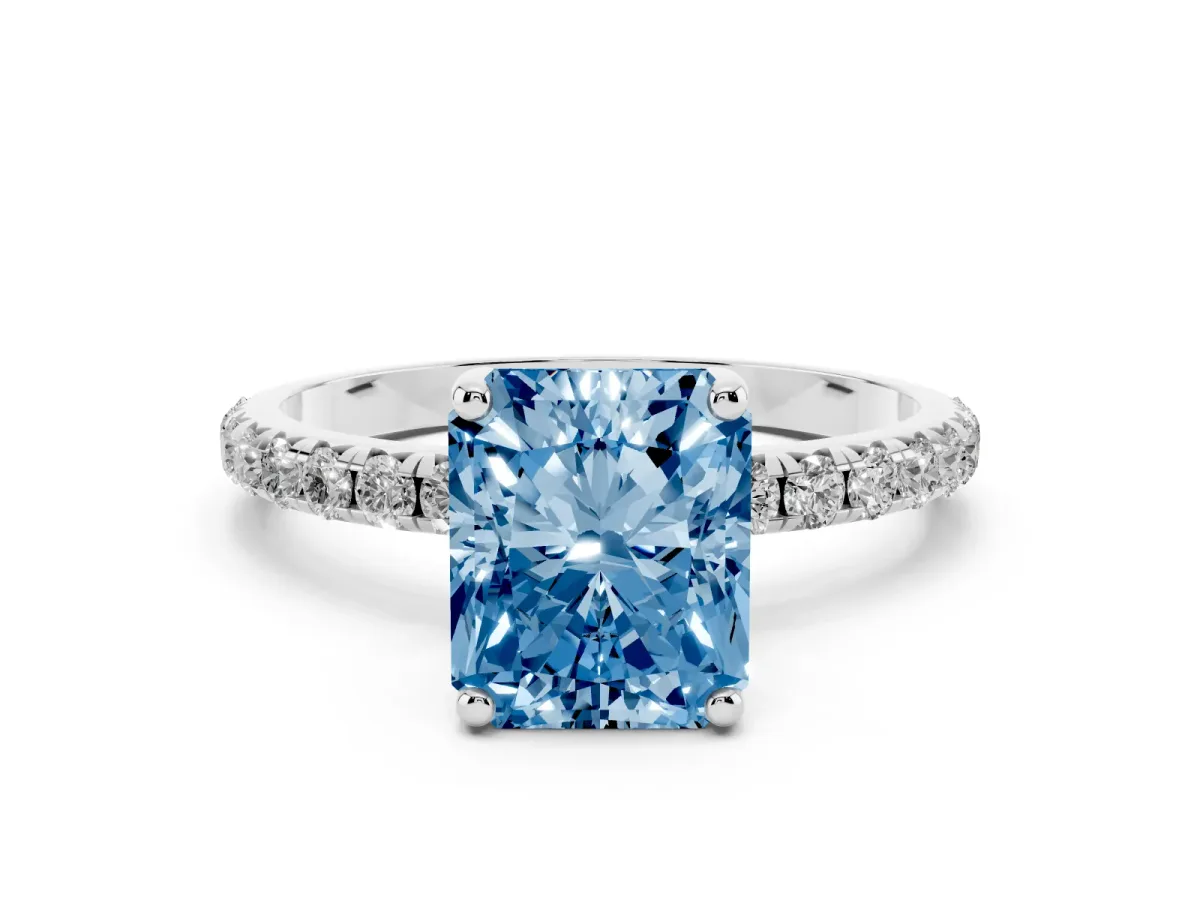Fancy Blue Radiant Cut Cut Diamond Solitaire Ring with Micro Pave Band and Four Prong Setting Silver