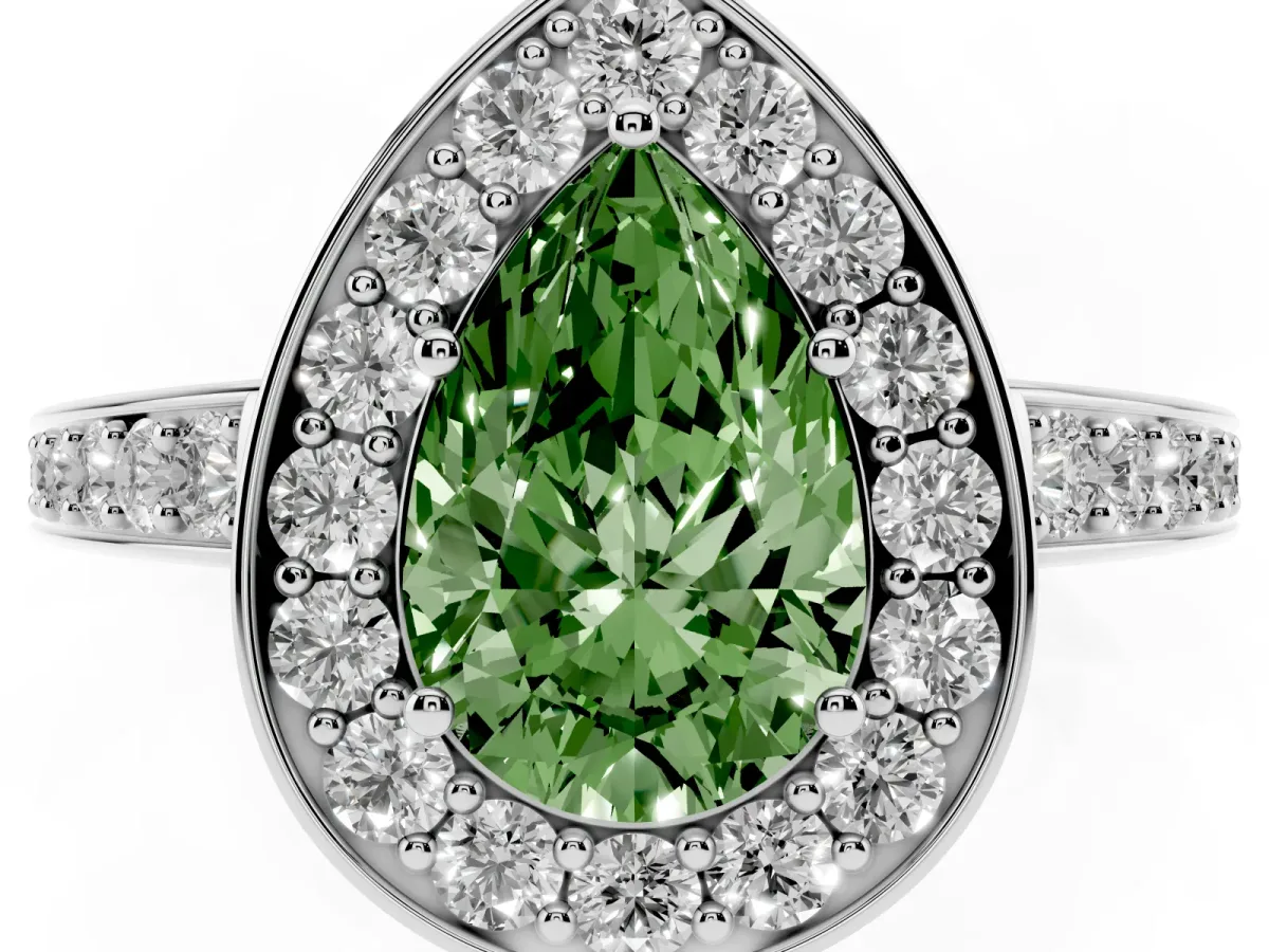 Fancy Green Pear Cut Halo Pavé Diamond Engagement Ring with Bezel Setting Silver