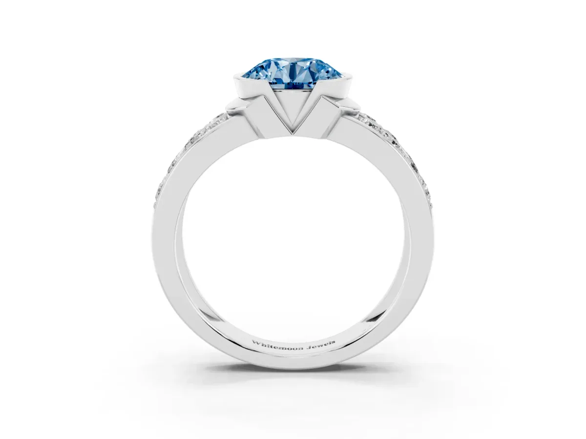 Fancy Blue Round Cut Brilliant Diamond Channel Set Wide Band Ring with Bezel Setting Platinum