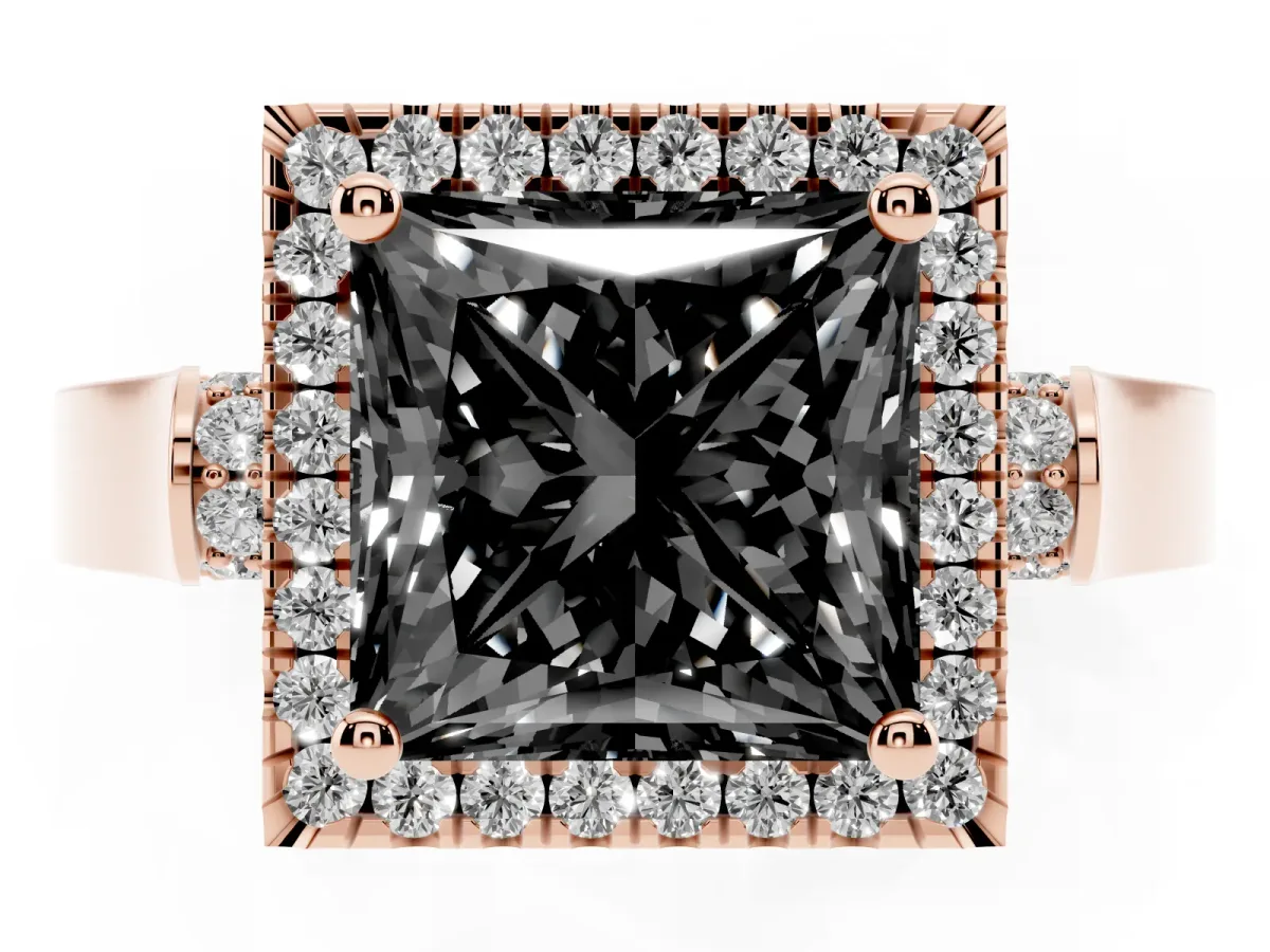 Fancy Black Princess Cut Halo Round Diamond Twist Band with Four-Prong Setting Rose gold