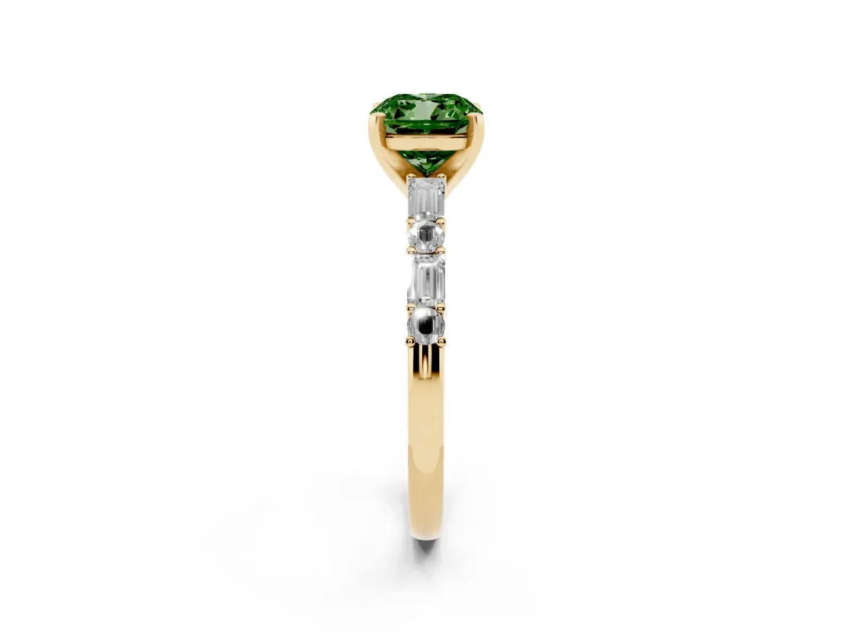 Fancy Green Cushion Cut Diamond Solitaire with Side Baguettes and Channel Set Band Yellow gold