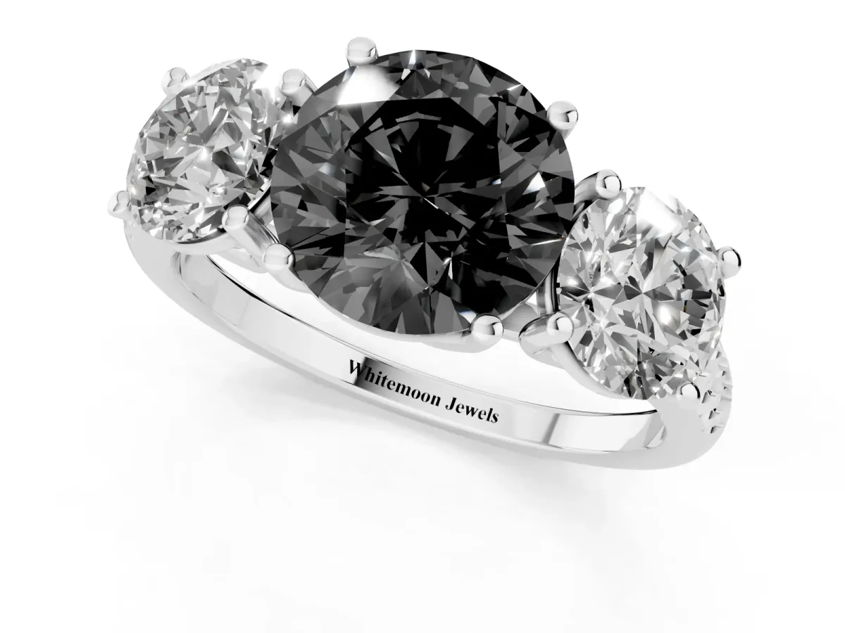 Fancy Black Three-Stone Round Cut Diamond Ring with Round Pavé Band and Prong Setting Silver