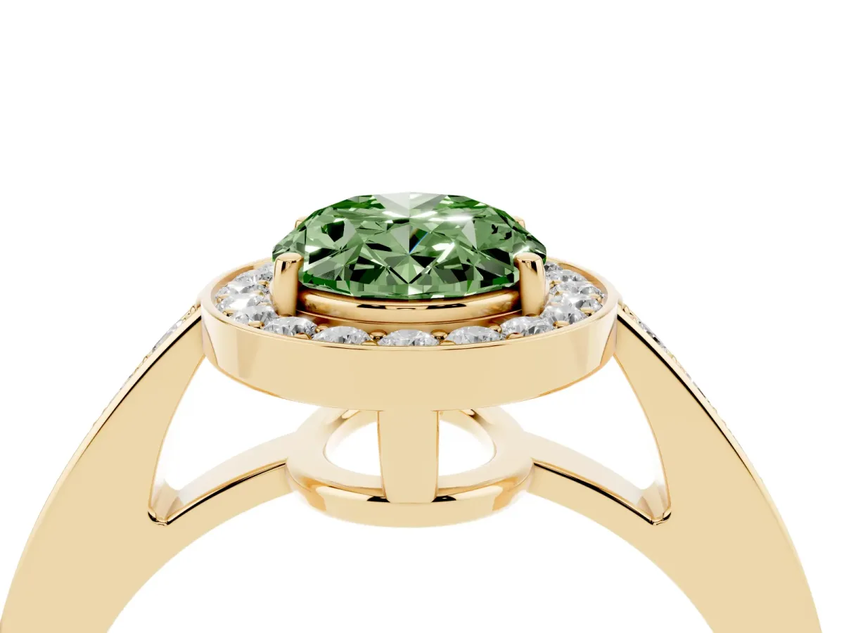 Fancy Green Oval Cut Halo Pavé Diamond Engagement Ring with Bezel Setting Yellow gold