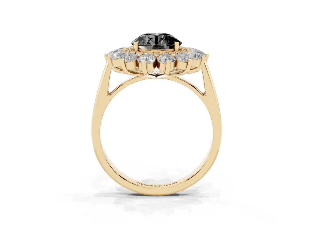 Fancy Black Round Cut Diamond Floral Double Halo Engagement Ring with Prong Setting Yellow gold