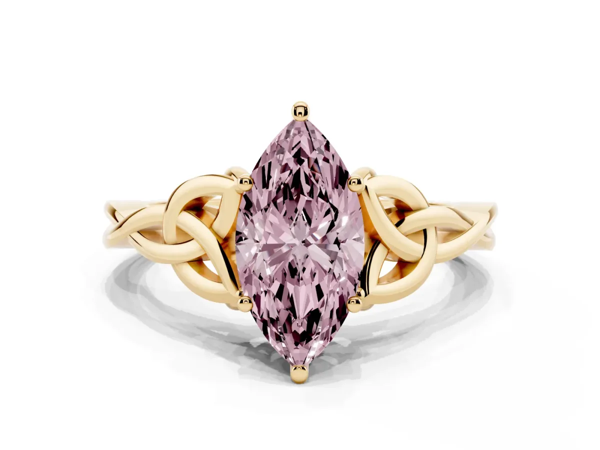 Fancy Pink Marquise Cut Diamond Solitaire Engagement Ring with Celtic Knot Band and Four-Prong Setting Yellow gold