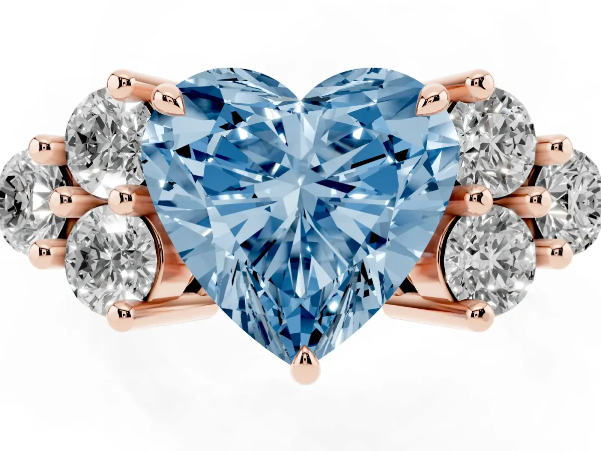 Fancy Blue Heart Cut Brilliant Diamond Cluster Accent Solitaire Ring with Prong Setting Rose gold