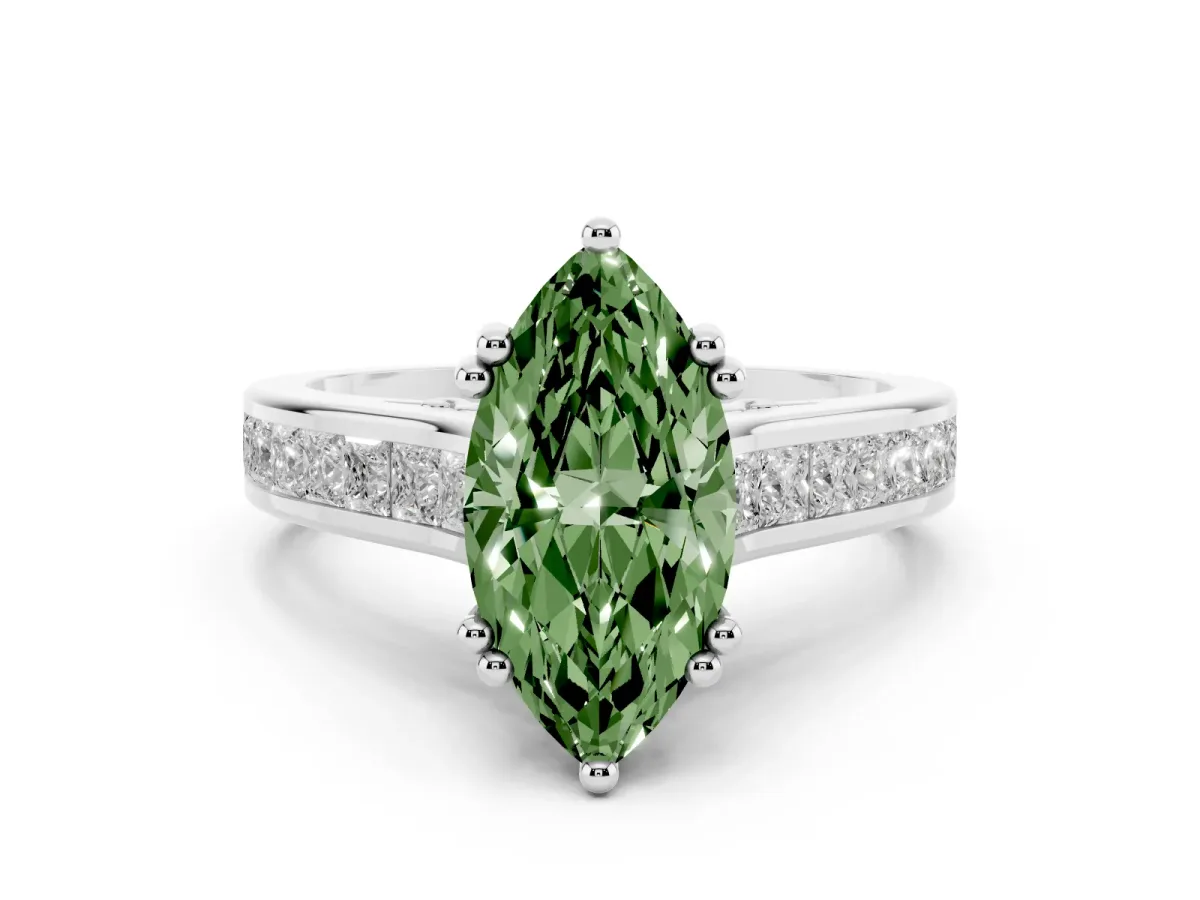 Fancy Green Marquise Cut Cut Channel Set Solitaire Engagement Ring with Prong Setting Silver