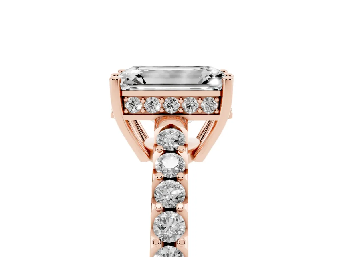 Emerald Cut Solitaire Diamond Engagement Ring with Pavé Band and Six-Prong Setting Rose gold