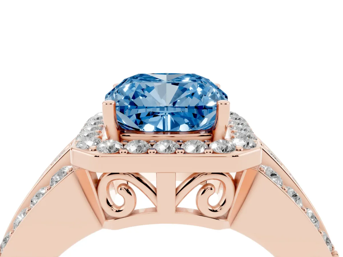 Fancy Blue Cushion Cut Halo Diamond Ring with Round Split Shank and Prong Setting Rose gold