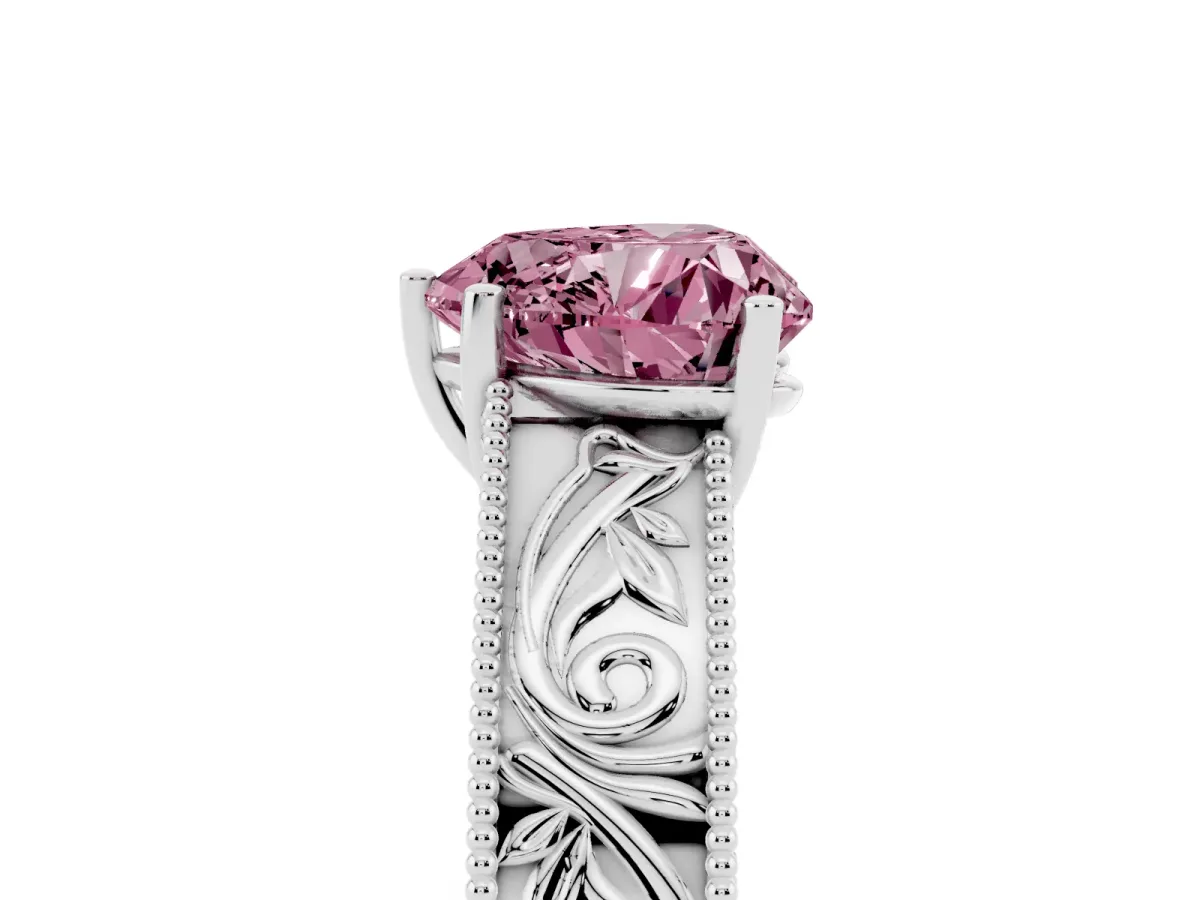 Fancy Pink Heart Cut Diamond Solitaire Ring with Engraved Band and Four-Prong Setting Platinum