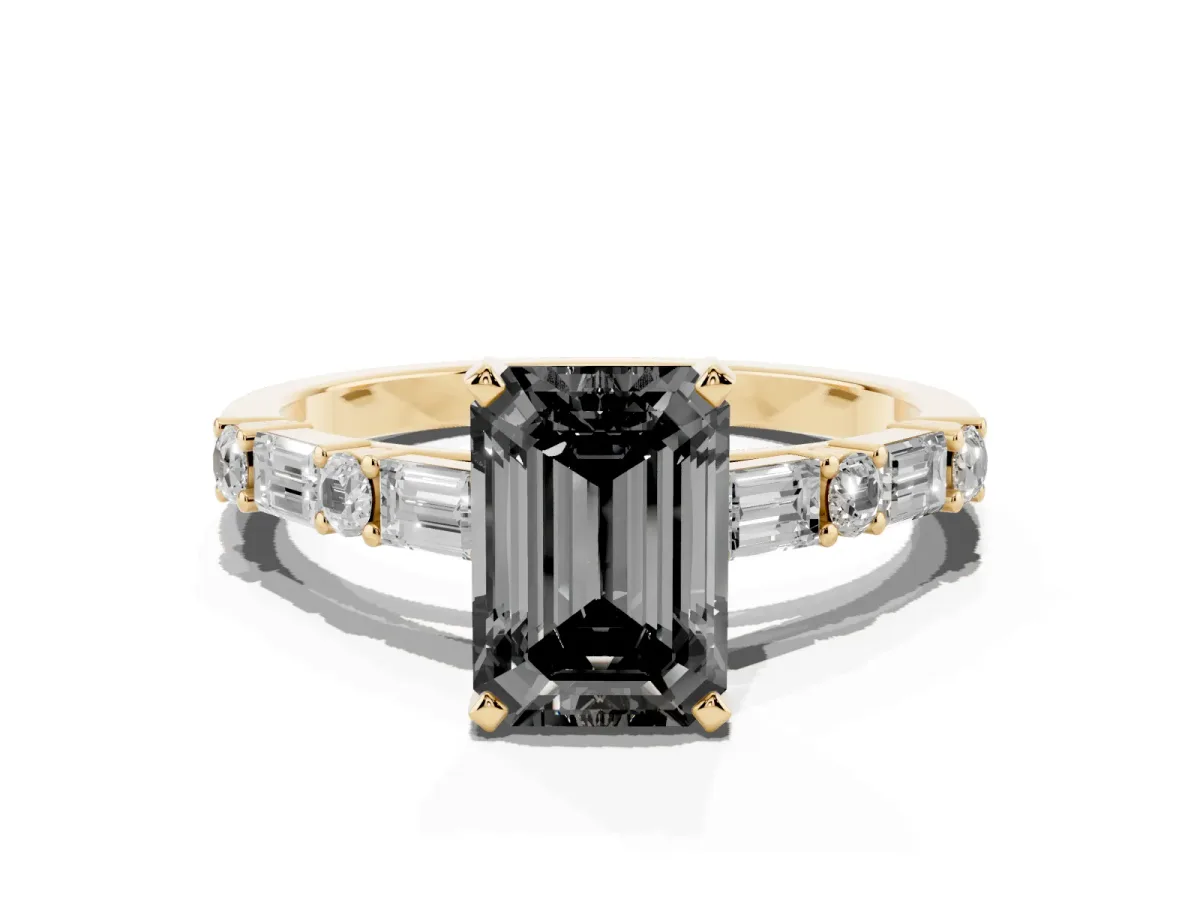 Fancy Black Emerald Cut Diamond Solitaire with Side Baguettes and Channel Set Band Yellow gold