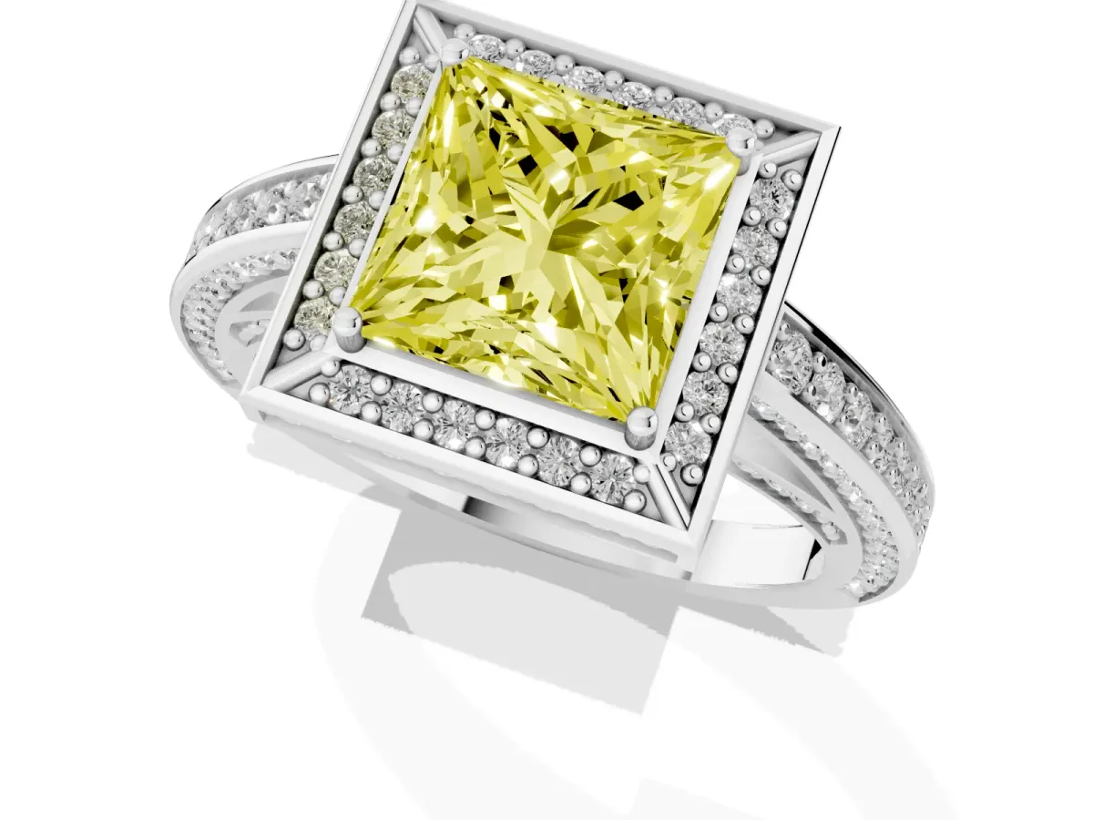 Fancy Yellow Princess Cut Cut Halo Pave Split Shank Prong Setting Ring White gold