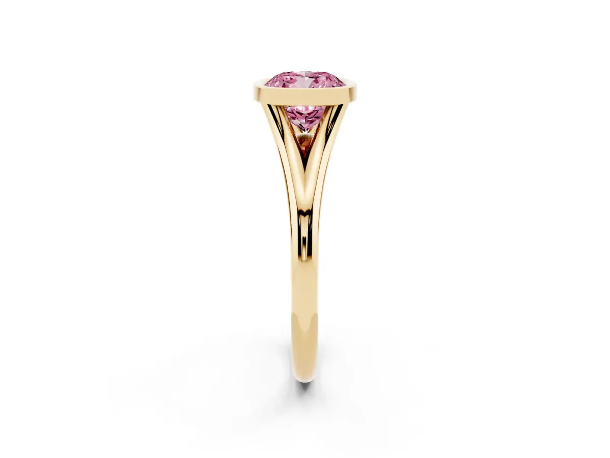 Fancy Pink Bezel Set Cushion Cut Cut Solitaire Ring with Tapered Band Yellow gold