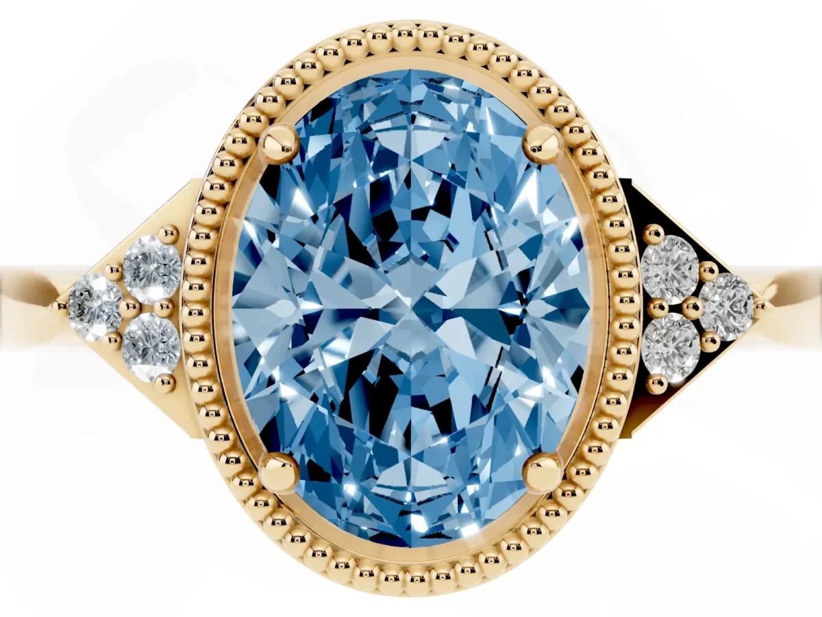Fancy Blue Hexagonal Halo Oval Cut Diamond Solitaire with Pavé Band and Four-Prong Setting Yellow gold