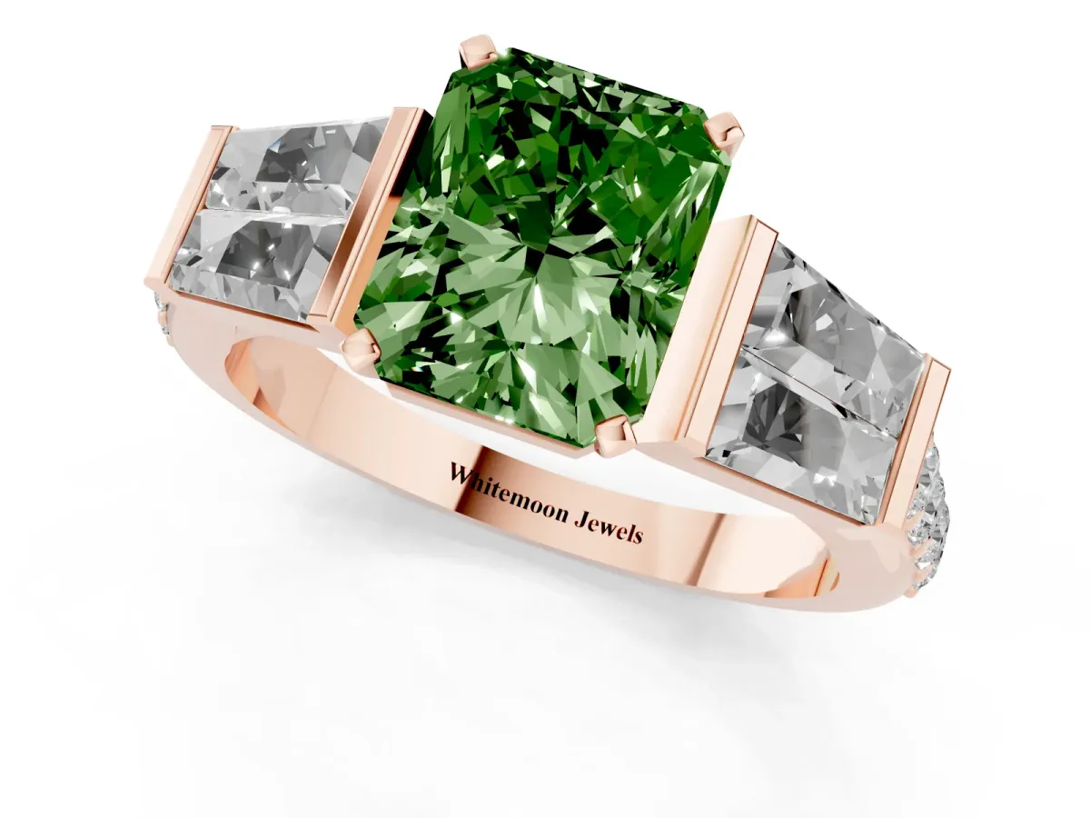 Fancy Green Radiant Cut Diamond Engagement Ring with Baguette Side Stones and Channel Set Band Rose gold
