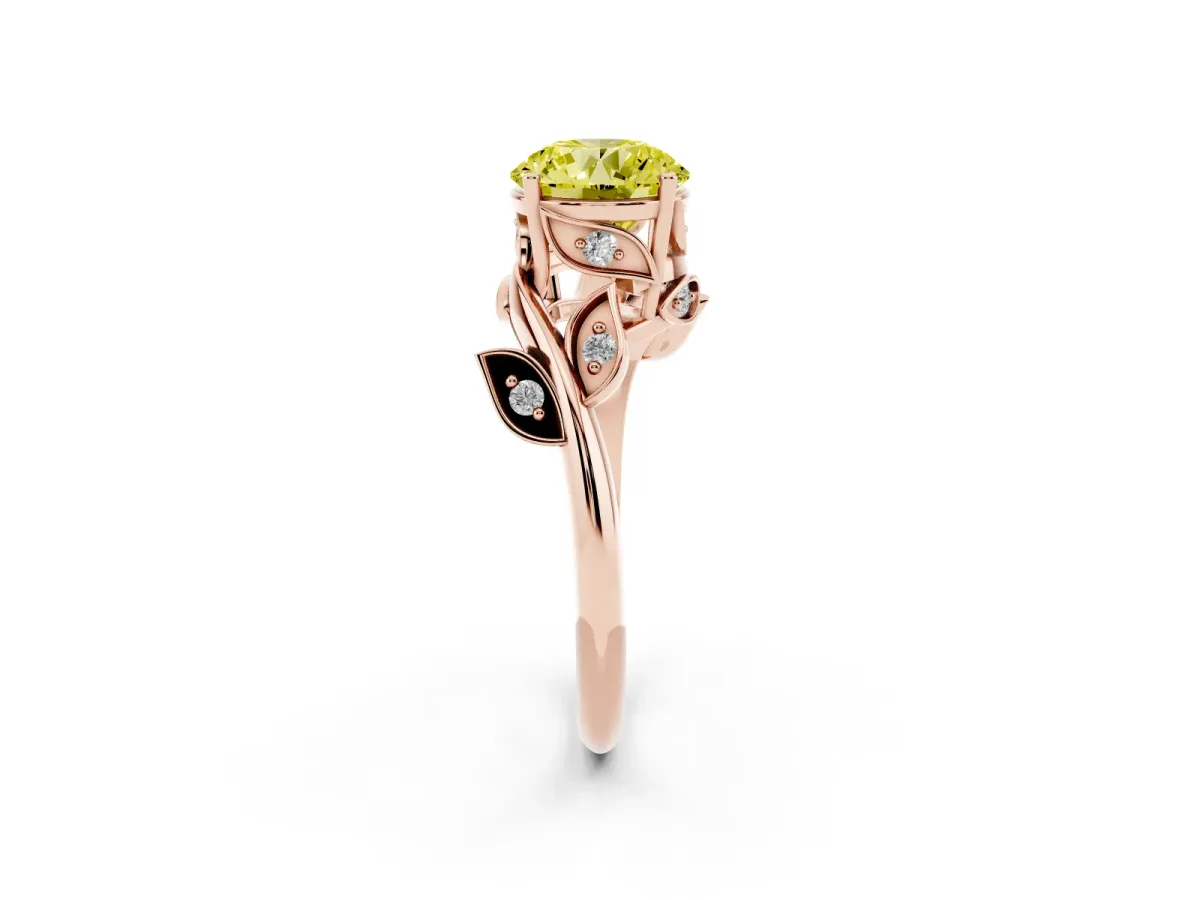 Fancy Yellow Round Cut Solitaire Twist Engagement Ring with Leaf Accents and Prong Setting Rose gold