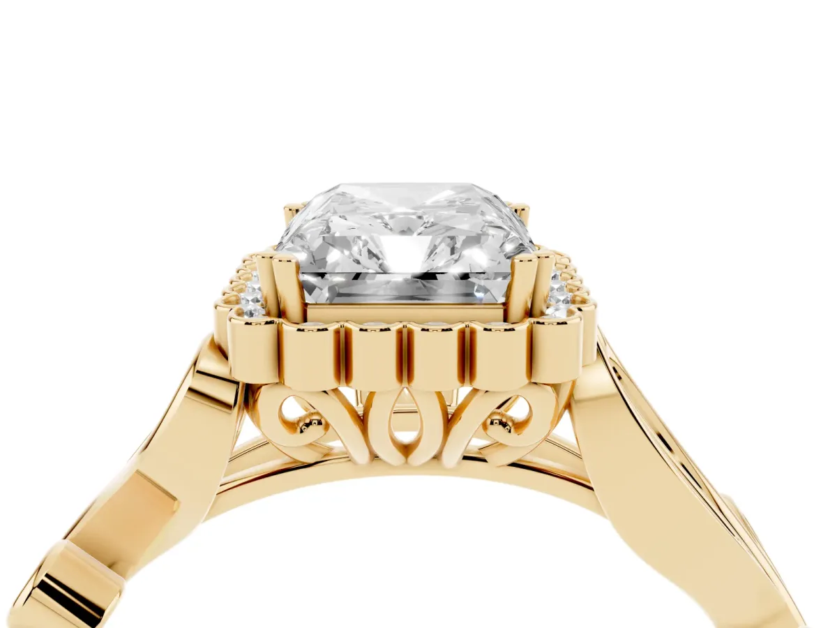 Radiant Cut Diamond Halo Ring with Vintage Split Shank and Four-Prong Setting Yellow gold