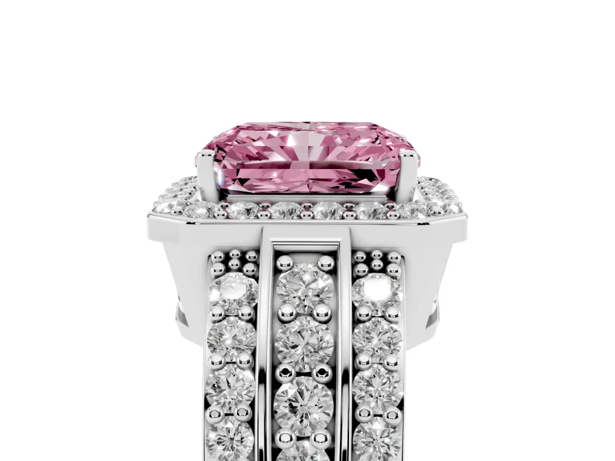 Fancy Pink Radiant Cut Halo Diamond Ring with Round Split Shank and Prong Setting Platinum