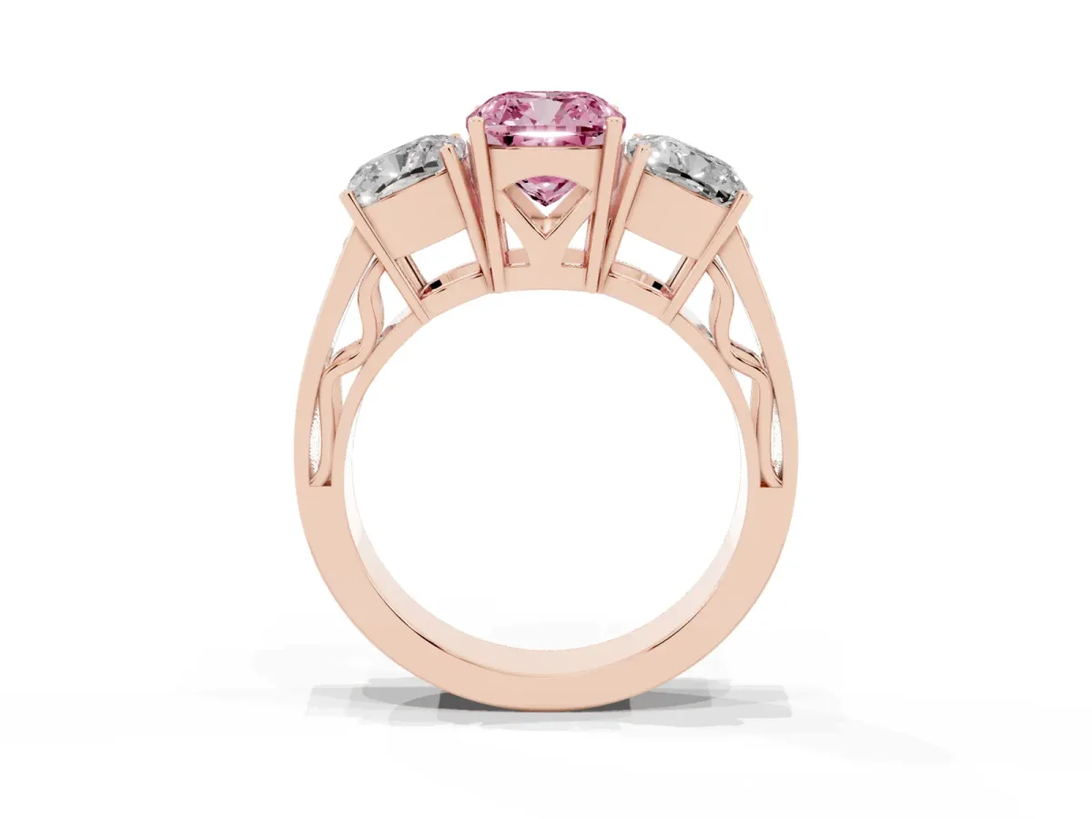 Fancy Pink Cushion Cut Diamond Three-Stone Ring with Prong Setting and Textured Band Rose gold