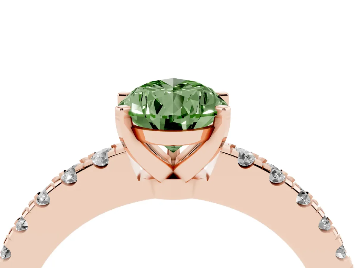 Fancy Green Pear Cut Solitaire Diamond with Pavé Band and Four-Prong Setting Rose gold