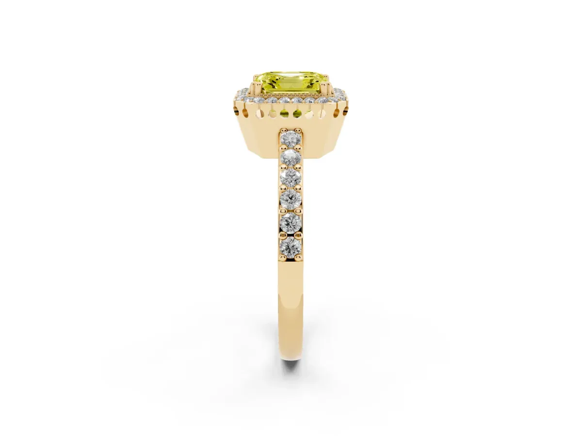 Fancy Yellow Asscher Cut Cut Diamond Halo Engagement Ring with Milgrain Detail and Pavé Band Yellow gold