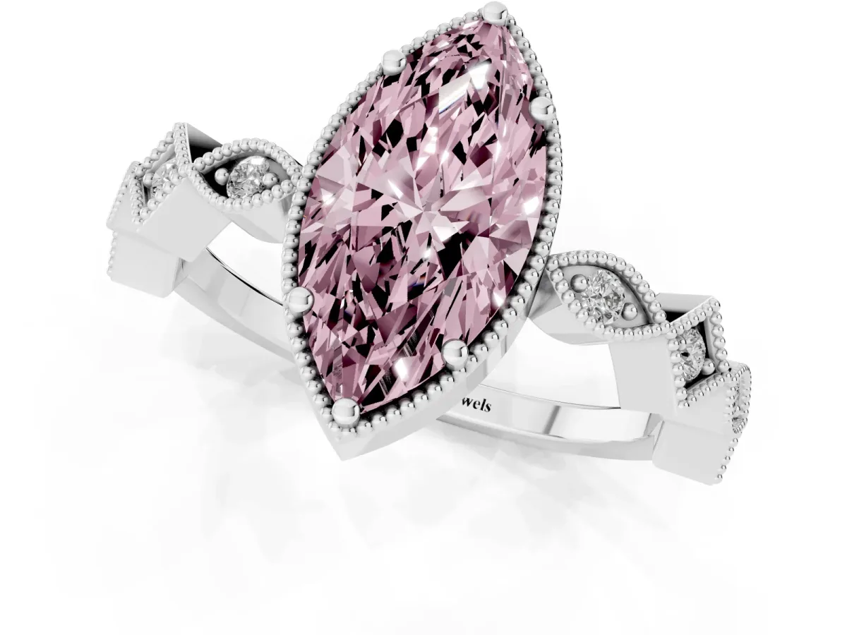 Fancy Pink Marquise Cut Milgrain Marquise Diamond Twist Band Ring Silver