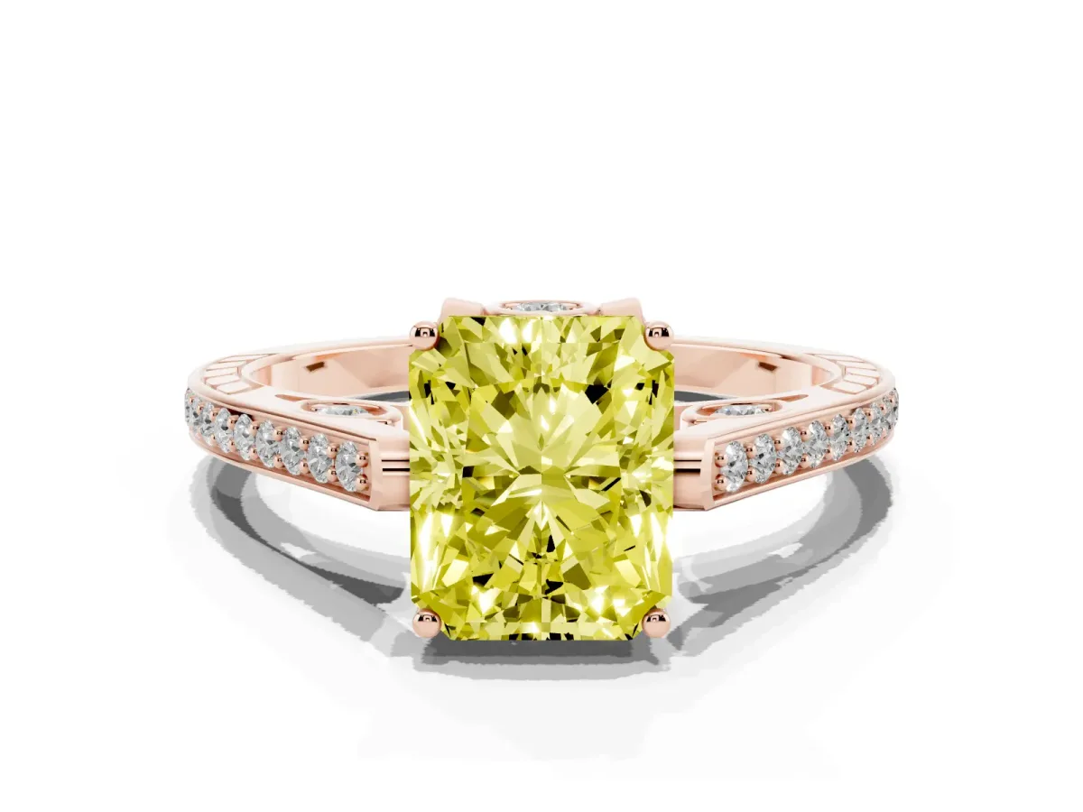 Fancy Yellow Radiant Cut Cut Cathedral Pave Diamond Engagement Ring with Six-Prong Setting Rose gold