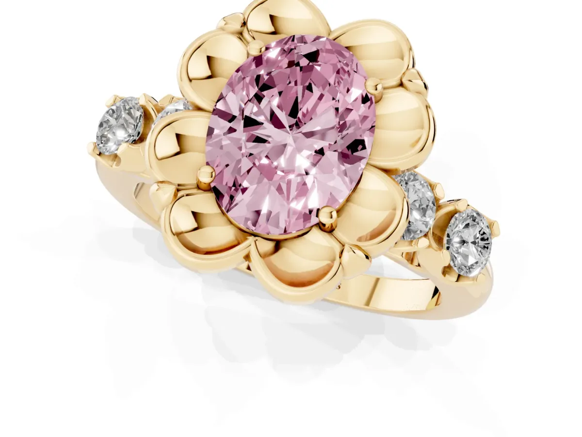 Fancy Pink Oval Cut Cut Diamond Floral Halo Engagement Ring with Shared Prong Setting Yellow gold