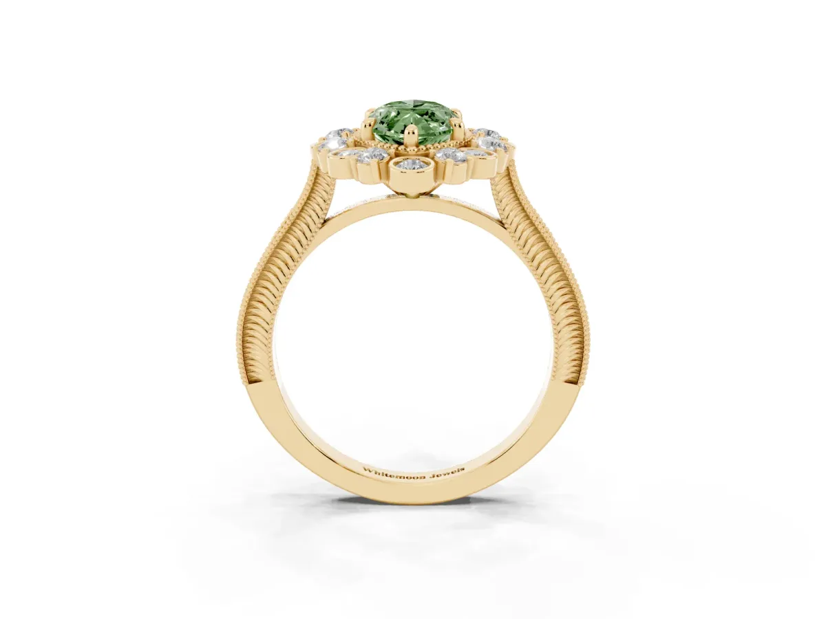 Fancy Green Marquise Cut Halo Milgrain Pave Diamond Ring with Four-Prong Setting Yellow gold