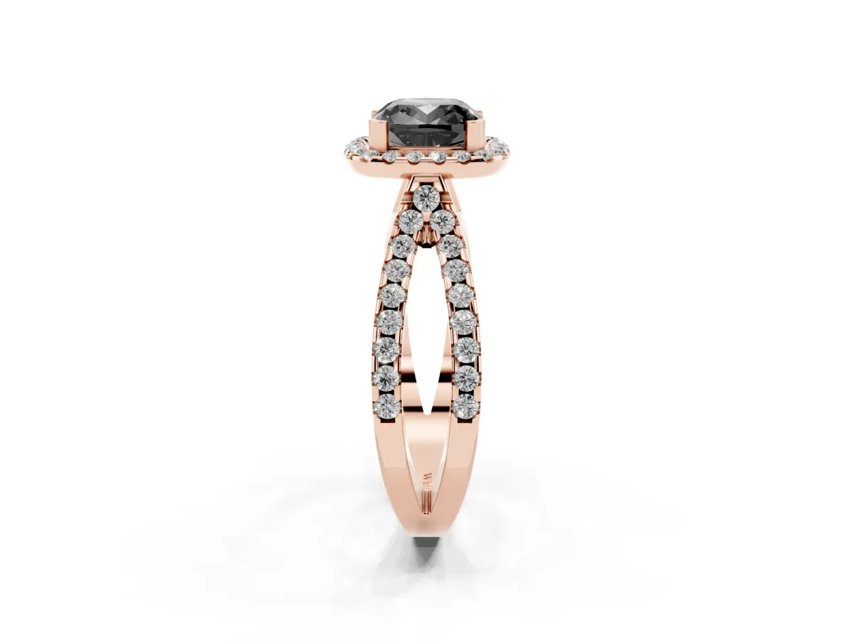 Fancy Black Cushion Cut Diamond Halo Ring with Split Shank Pavé Band and Prong Setting Rose gold