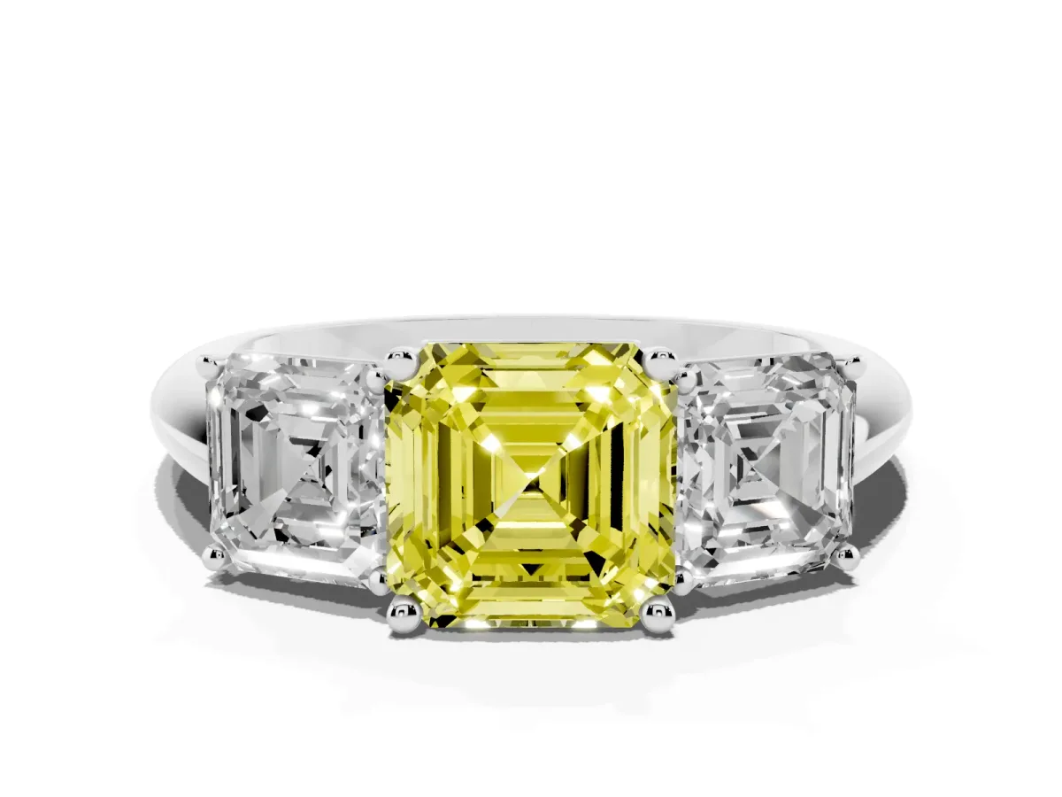 Fancy Yellow Three-Stone Asscher Cut Cut Diamond Engagement Ring with Prong Setting on a White Gold Band Silver