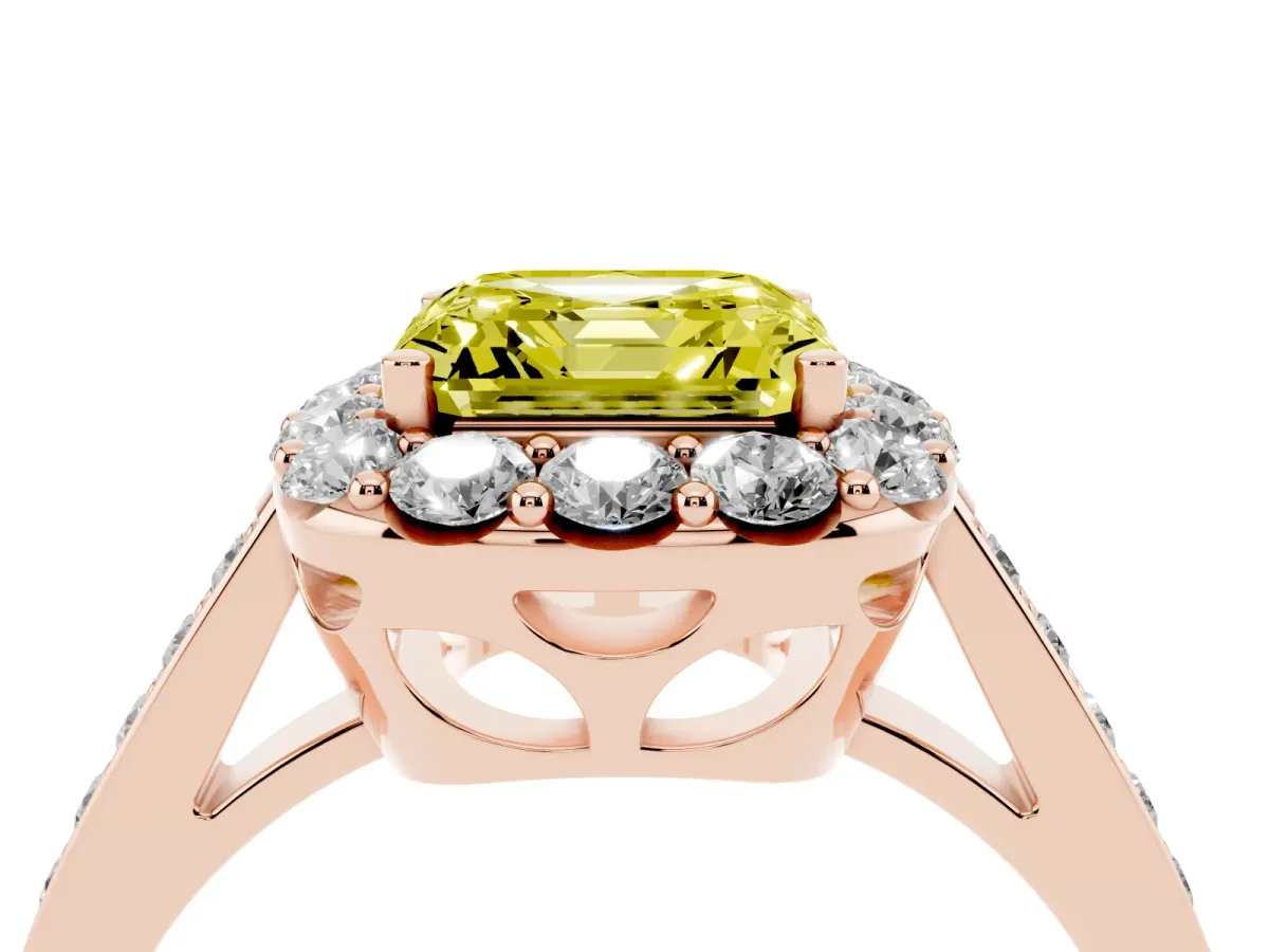 Fancy Yellow Asscher Cut Diamond Floral Halo Ring with Pavé Band and Prong Setting Rose gold