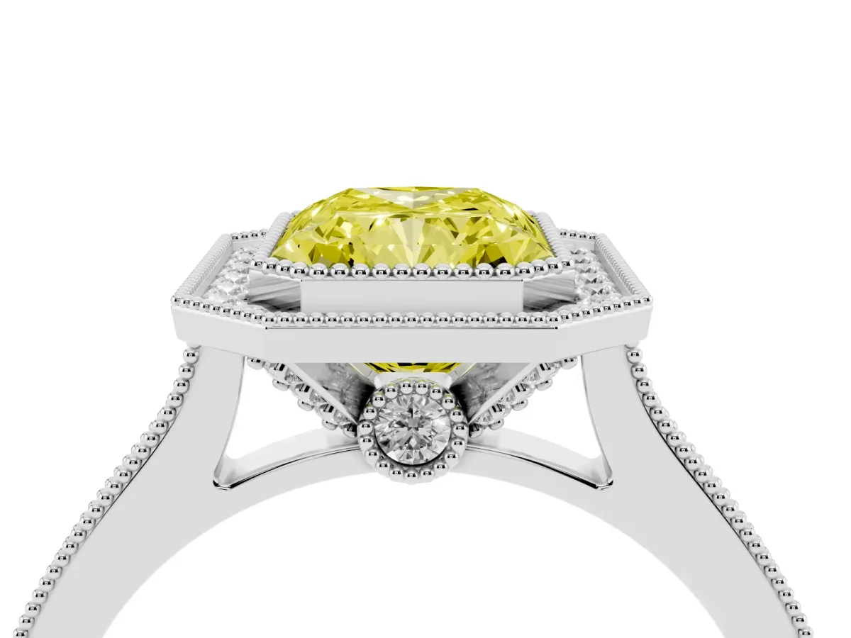 Fancy Yellow Halo Radiant Cut-Cut Diamond Pave Band Milgrain Prong Setting Ring Platinum