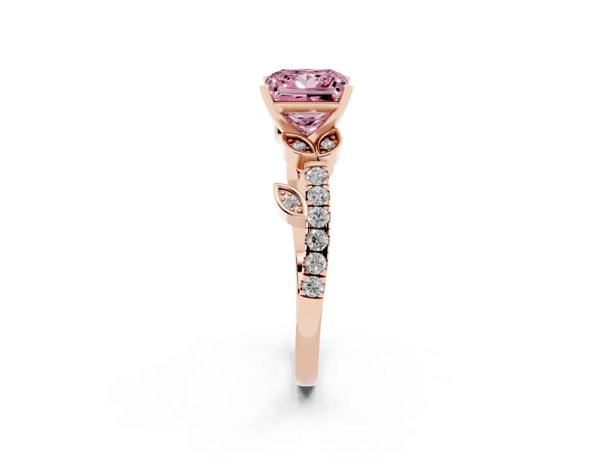 Fancy Pink Princess Cut Solitaire Leaf-Inspired Diamond Ring with Pavé Band and Four-Prong Setting Rose gold