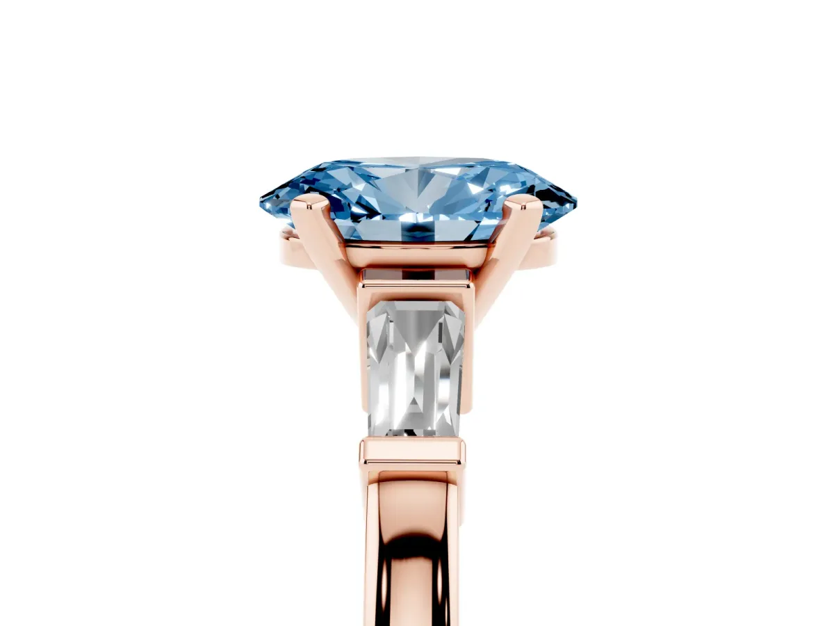 Fancy Blue Oval Cut Cut Diamond Solitaire Ring with Tapered Baguette Accents and Four-Prong Setting Rose gold