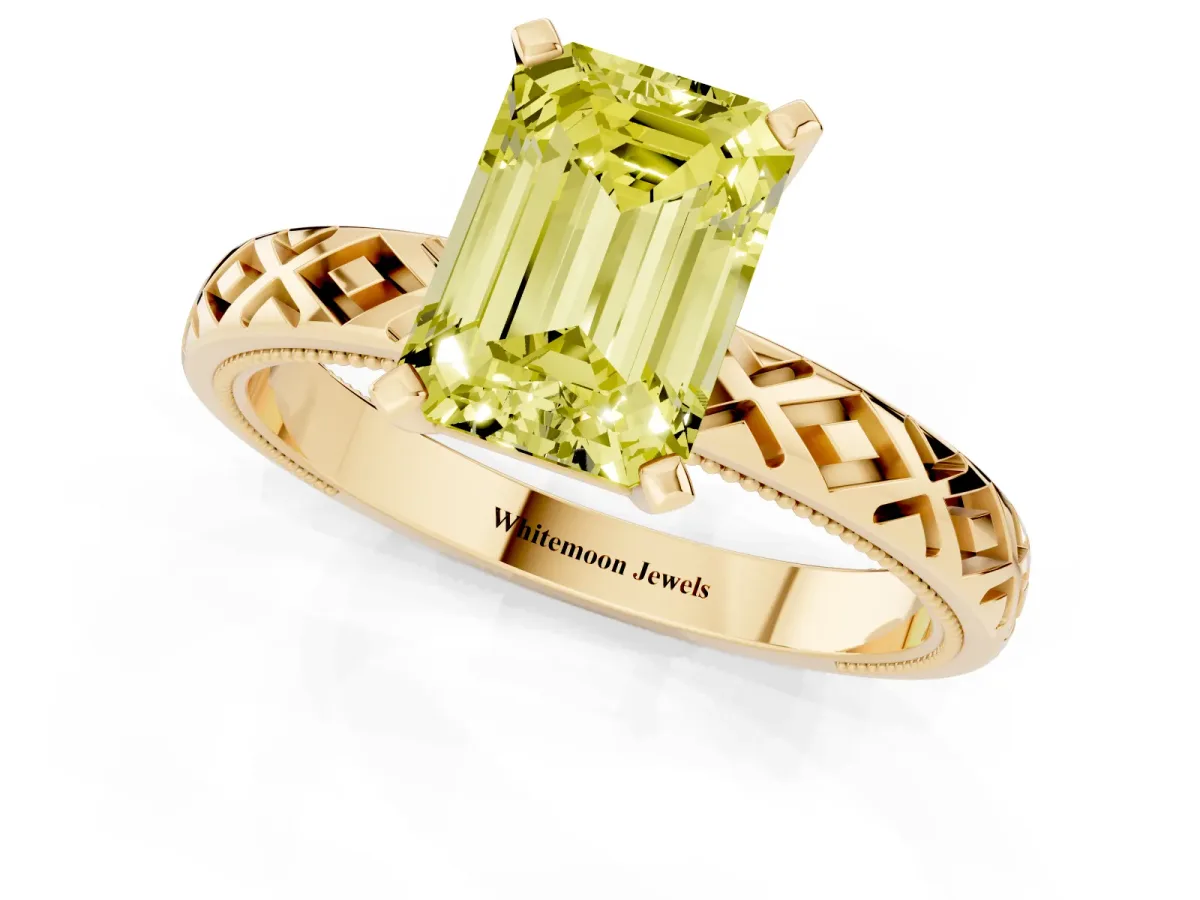 Fancy Yellow Emerald Cut Solitaire Diamond Ring with Milgrain and Black Enamel X Pattern Band Yellow gold