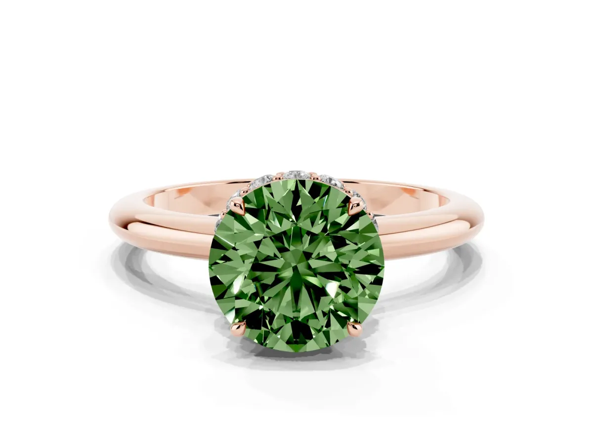 Fancy Green Round Cut Brilliant Solitaire Engagement Ring with Six-Prong Setting and Classic Band Rose gold