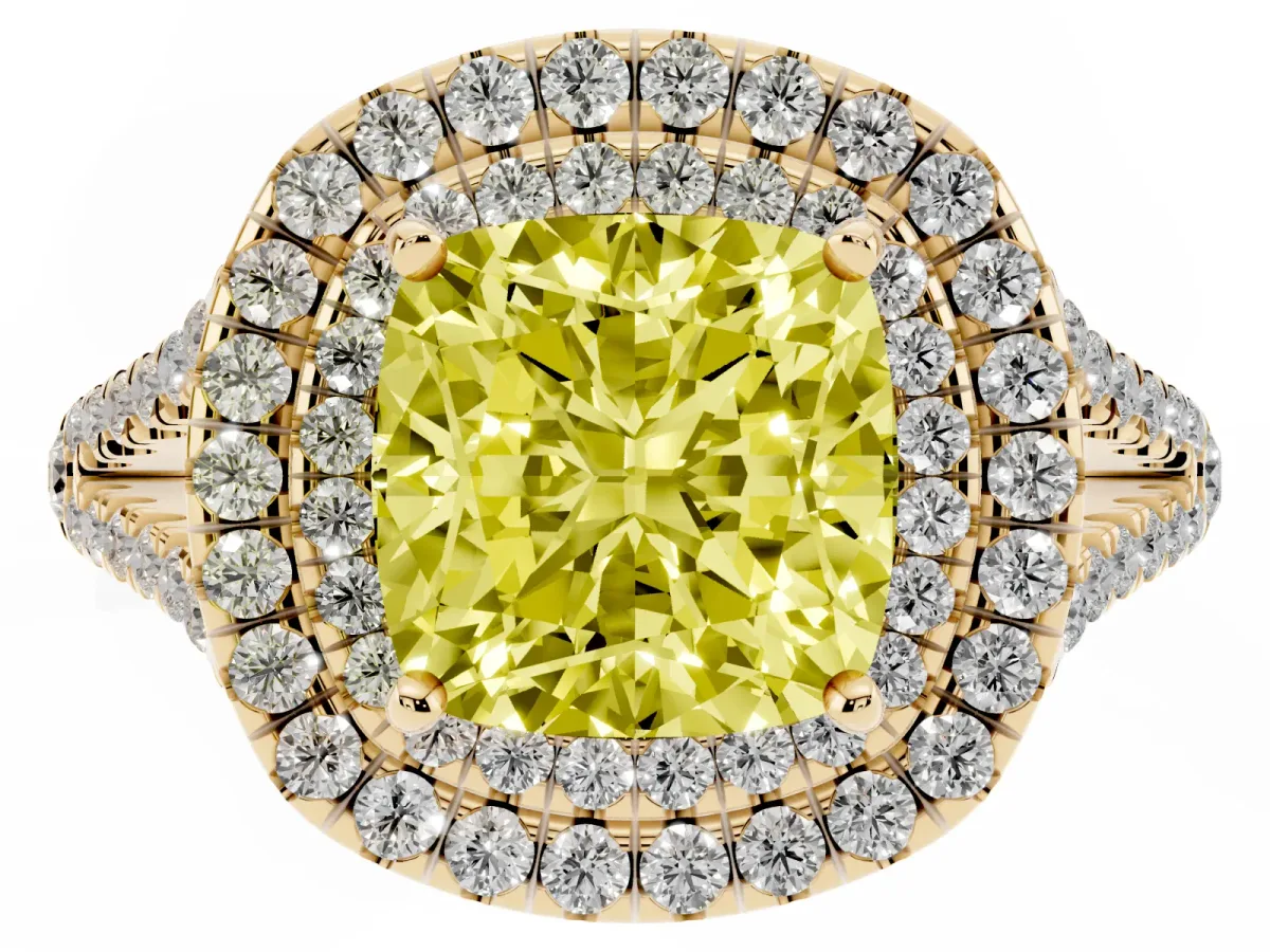 Fancy Yellow Cushion Cut Diamond Double Halo Ring with Pavé Band and Prong Setting Yellow gold