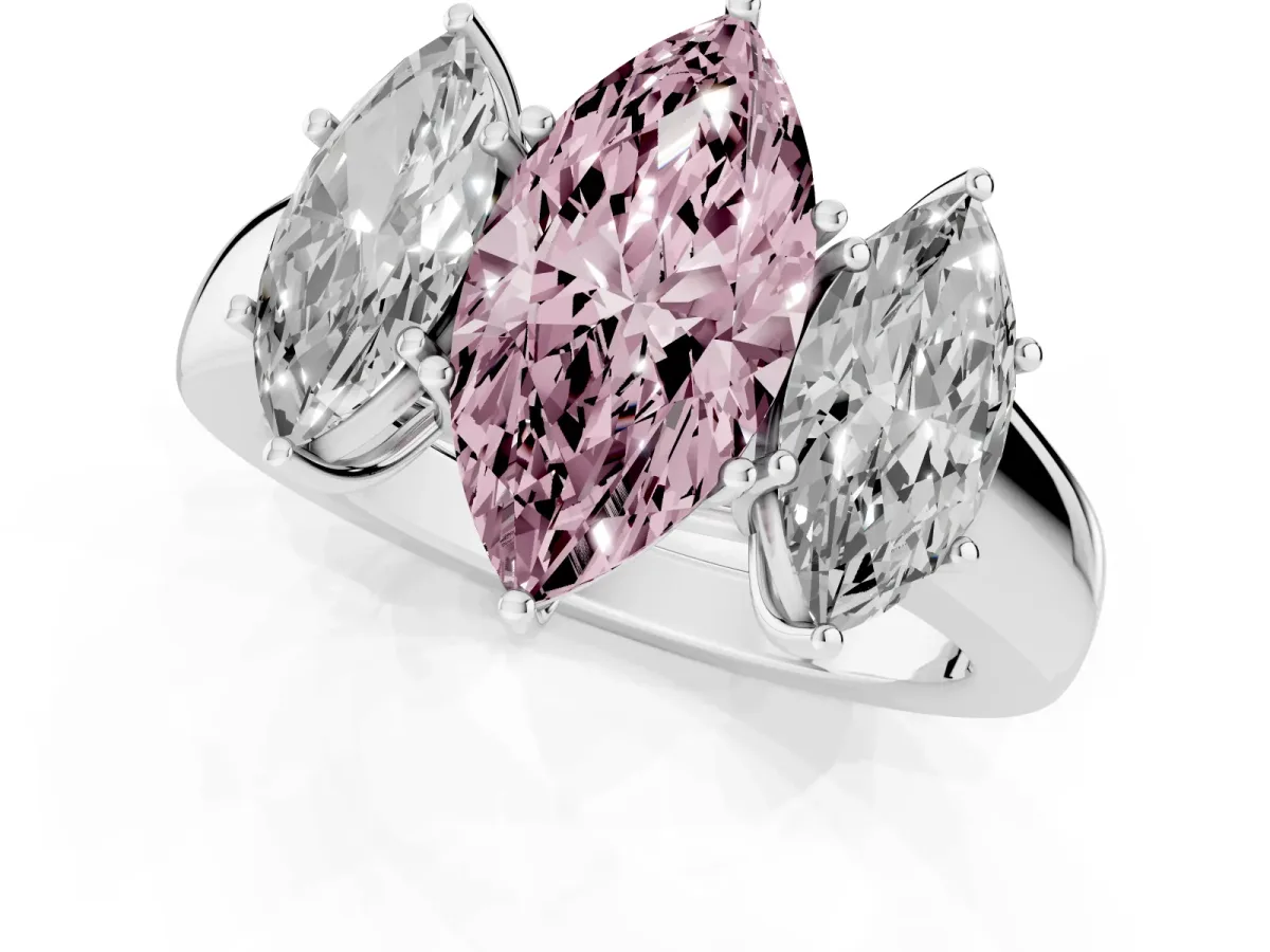 Fancy Pink Three-Stone Marquise Cut Cut Diamond Ring with Prong Setting and Classic Band Silver