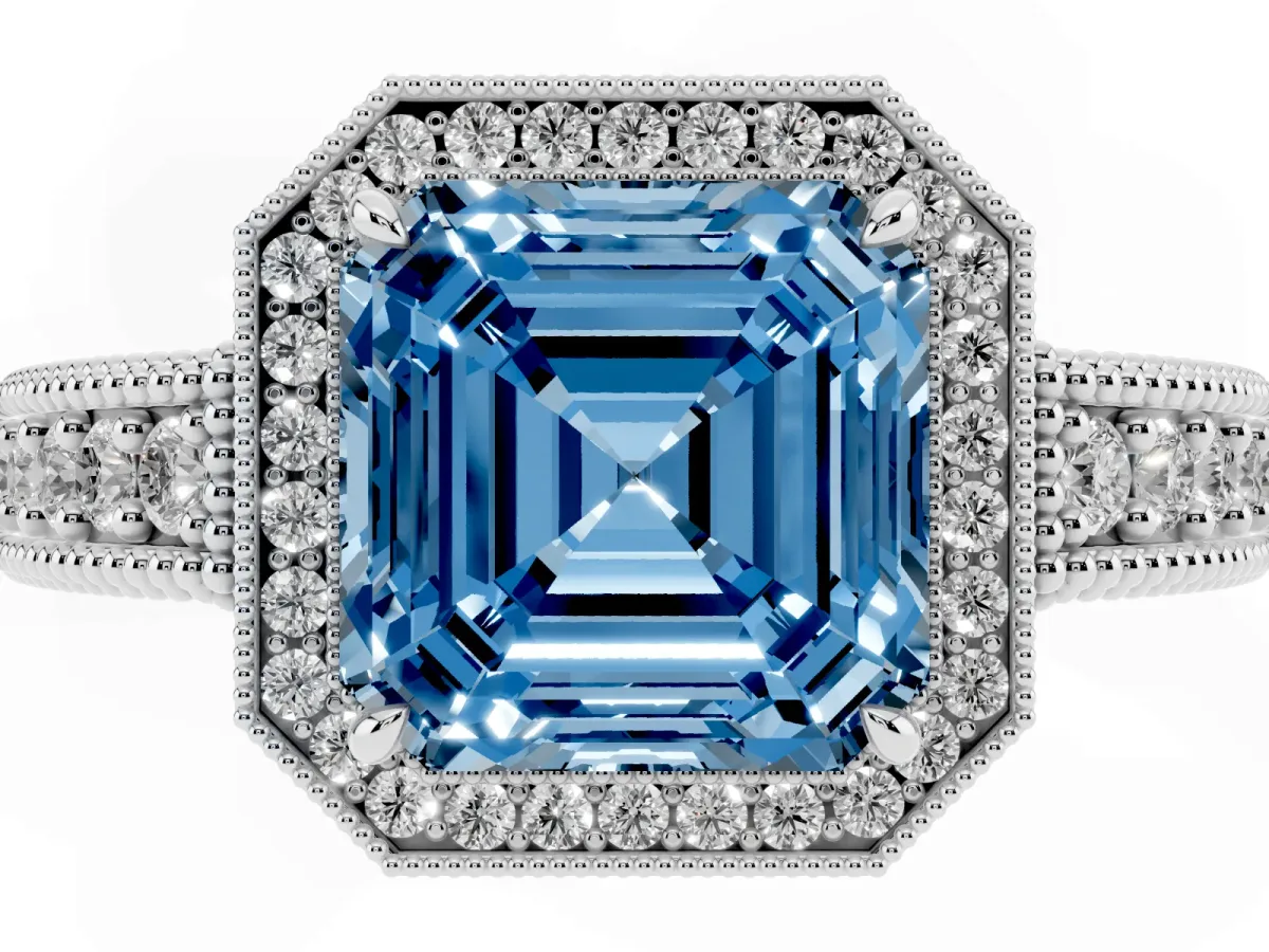 Fancy Blue Asscher Cut Cut Halo Diamond Ring with Pavé Band and Four-Prong Setting Silver