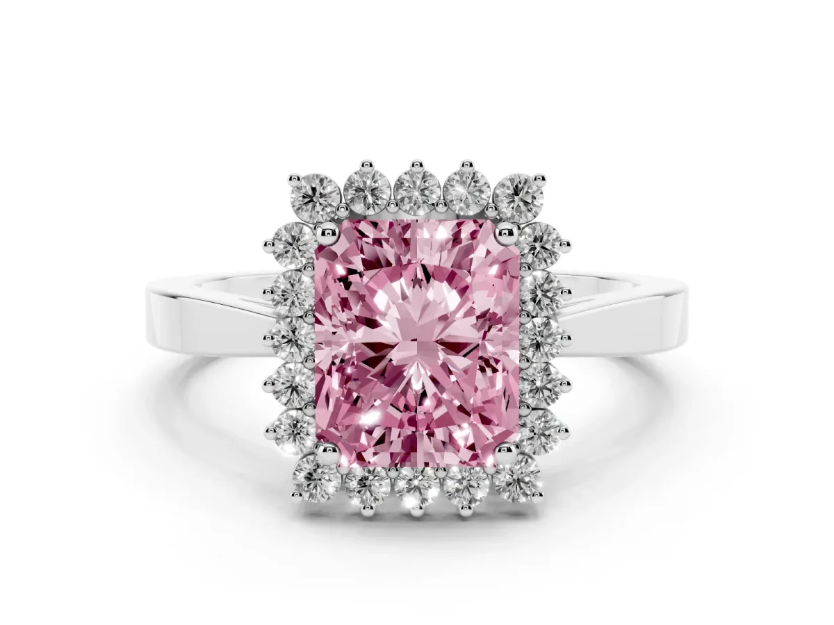 Fancy Pink Radiant Cut Cut Diamond Halo Ring with Round Brilliant Halo and Solitaire Band Platinum