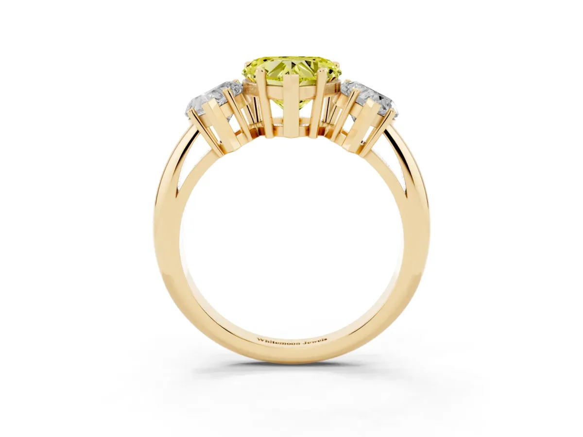Fancy Yellow Three-Stone Heart Cut Cut Diamond Engagement Ring with Prong Setting on a White Gold Band Yellow gold