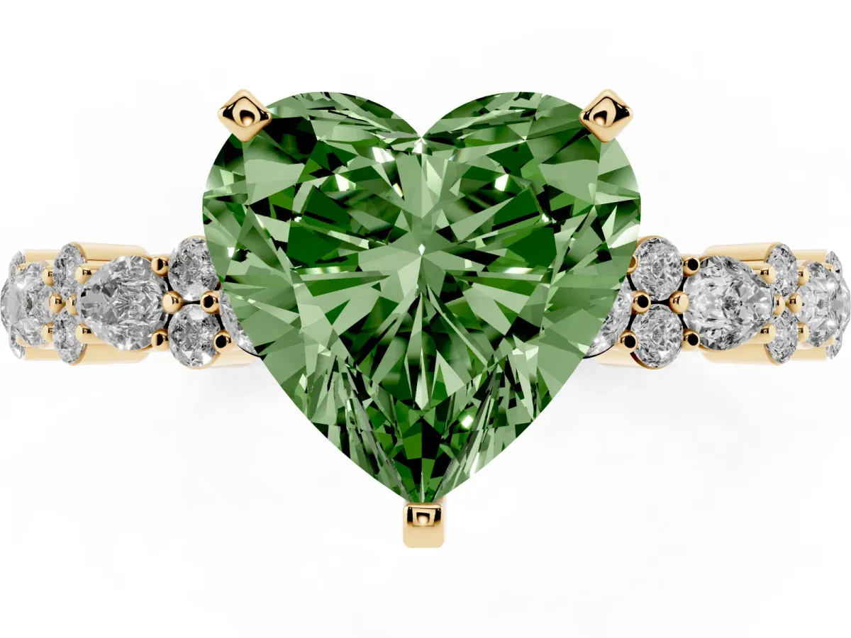 Fancy Green Heart Cut Diamond Side Stone Solitaire Ring with Round and Four-Prong Setting Yellow gold