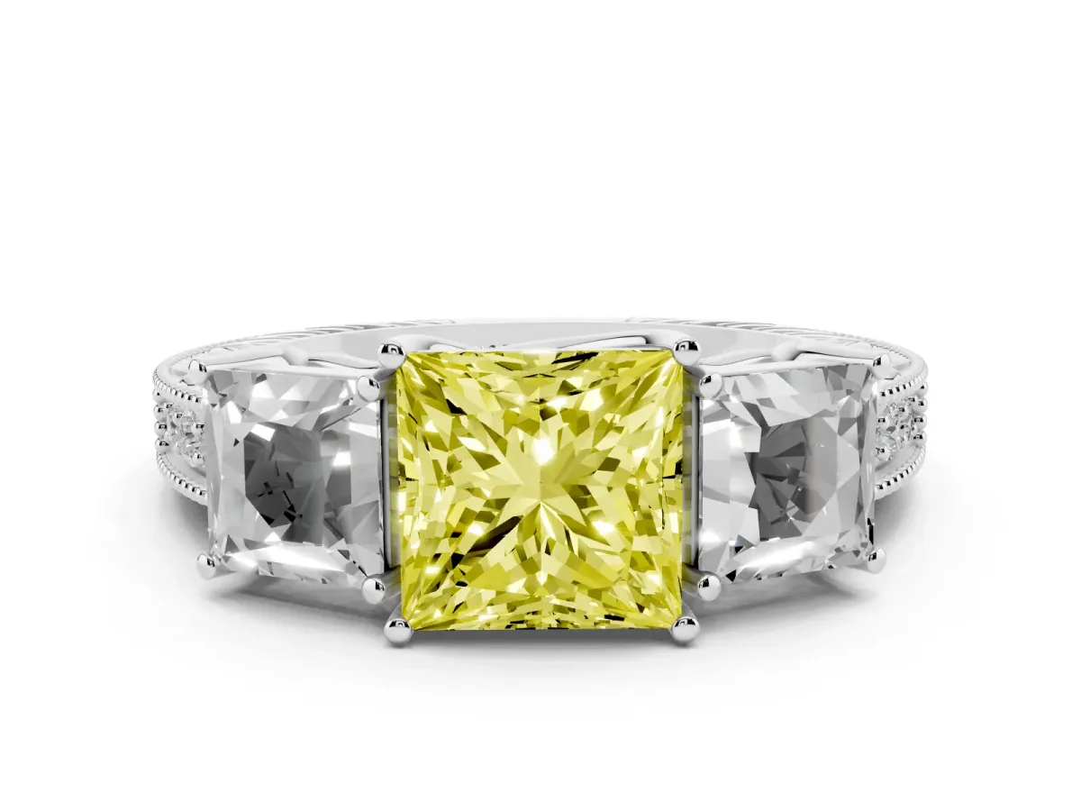 Fancy Yellow Three-Stone Princess Cut Cut Milgrain Pavé Engagement Ring Silver