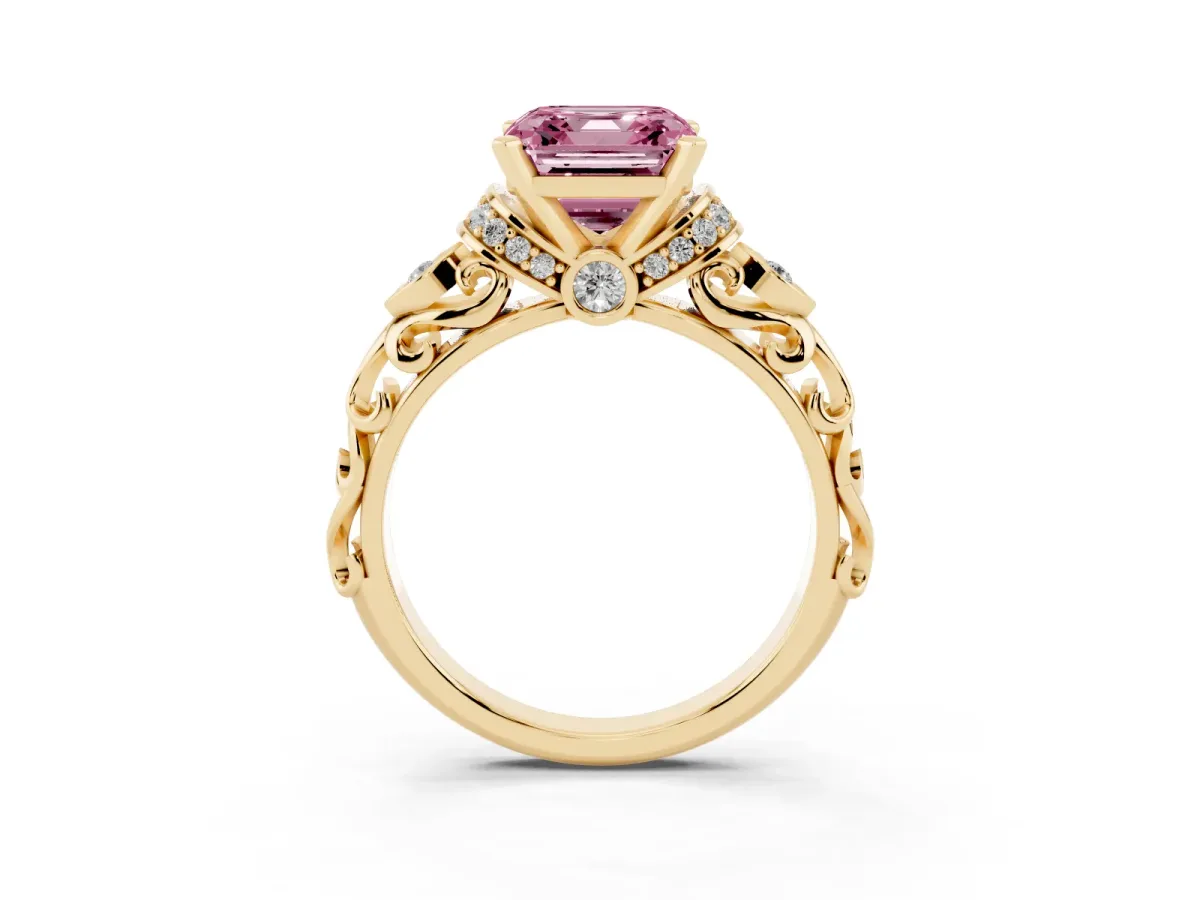 Fancy Pink Asscher Cut Diamond Solitaire Ring with Filigree Band and Four-Prong Setting Yellow gold