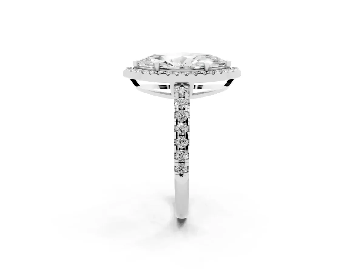 Marquise Cut Diamond Halo Ring with Pavé Band and Four-Prong Setting White gold